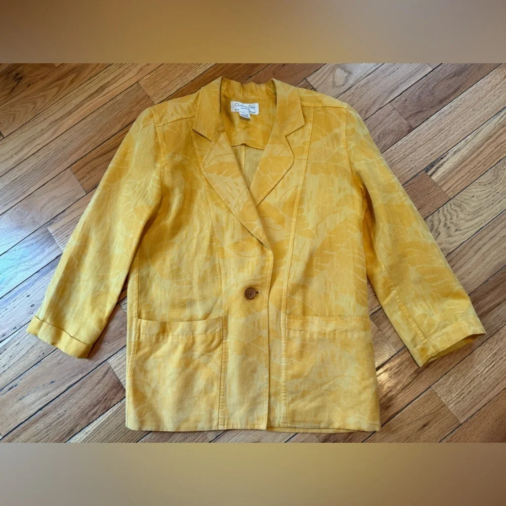 VTG Christian Dior 1 Button Cotton/Linen Yellow Palm Women’s Blazer Size 6 READ - Picture 7 of 16